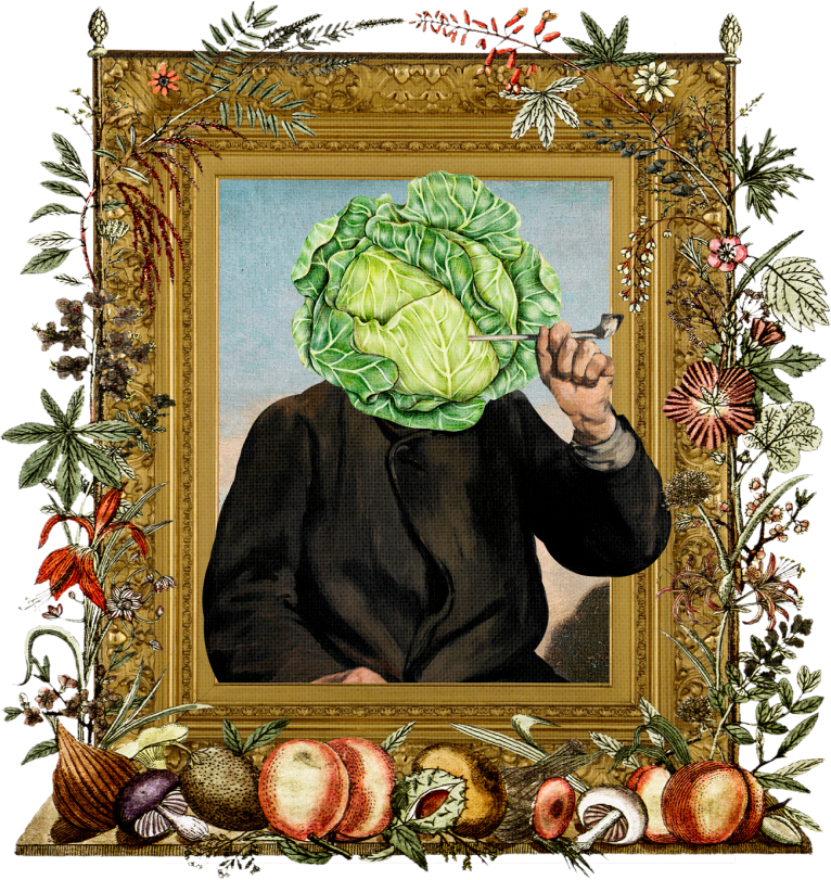 Painting of a man smoking a pipe with his head as a head of lettuce.